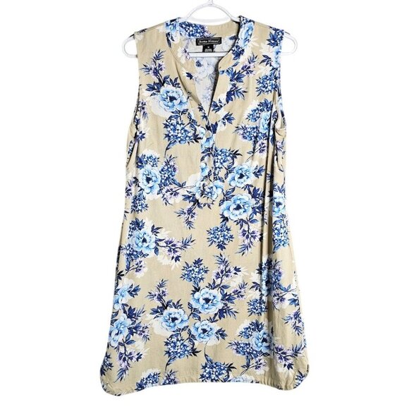 JESSICA HOWARD Linen Dress BEIGE TAN w BLUE FLORAL size 12 Cute Beachy Casual - Picture 1 of 8